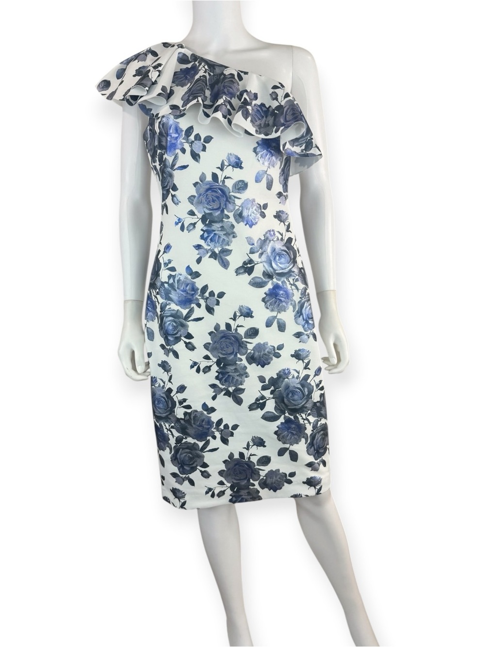 Eliza J Metallic One-Shoulder Floral Print Ruffle Pencil Dress Size 6 P1006